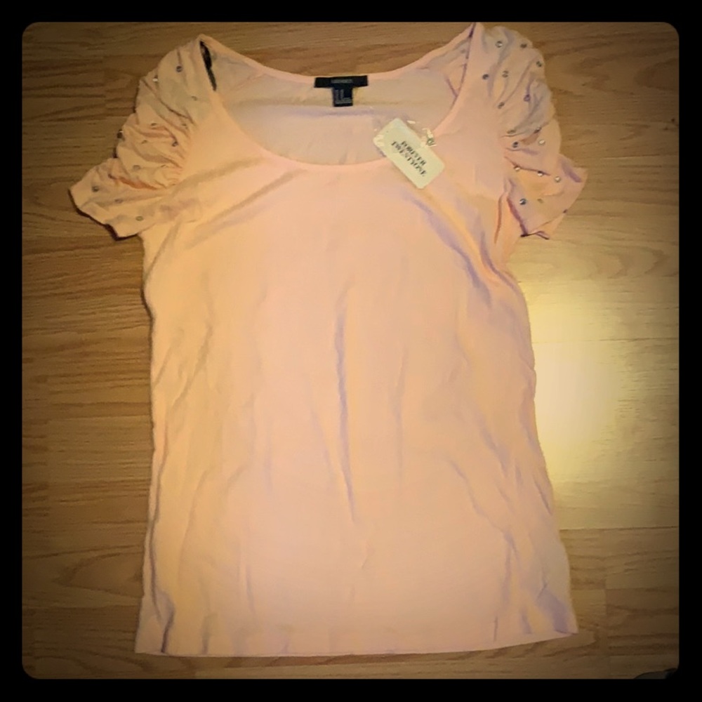 Silver jeweled ruched sleeve pink T-shirt